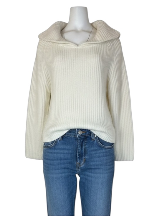 Sweaters - Ivory 100% Cashmere Ribbed Cowl Neck Sweater Oversized Wide Collar Size L
